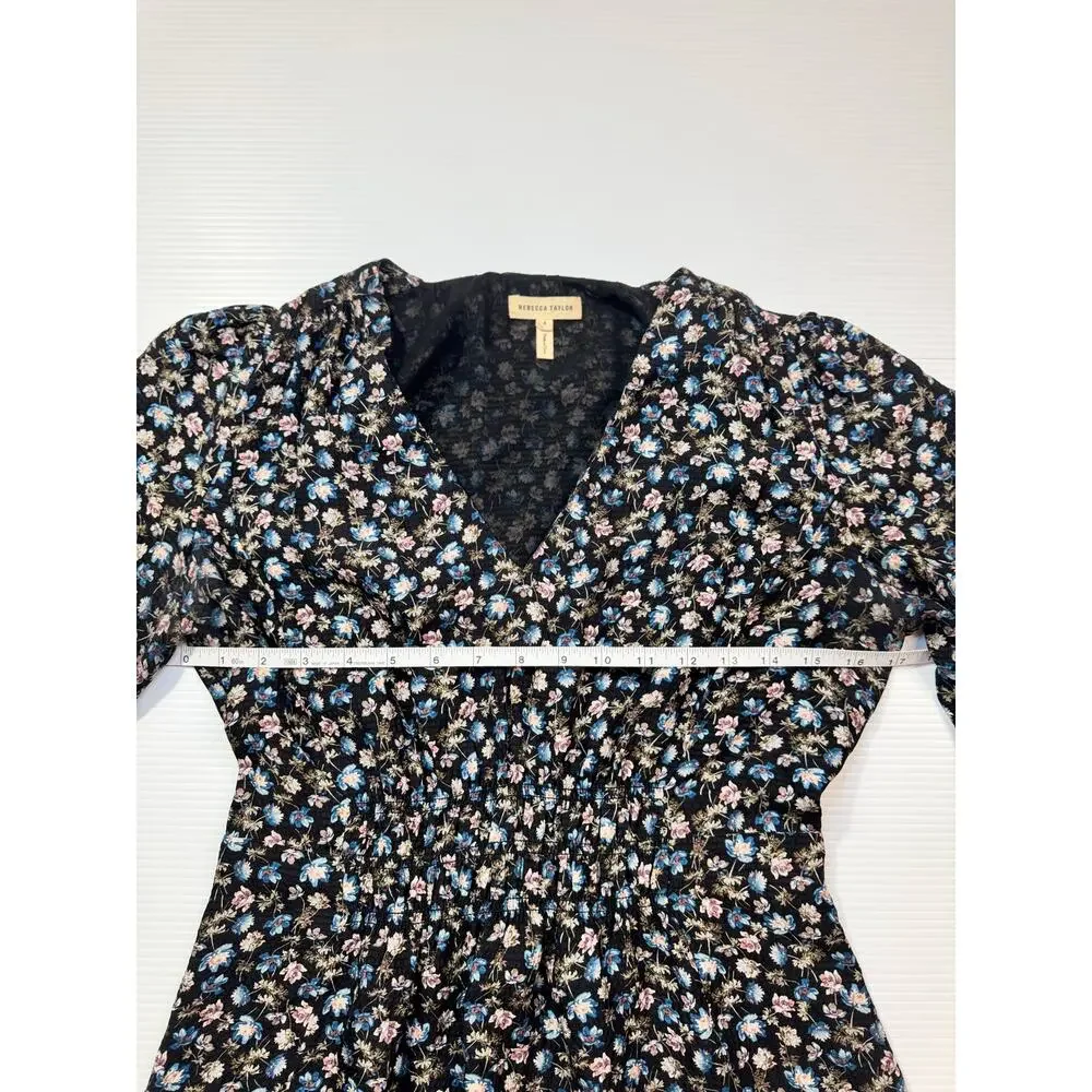 Rebecca Taylor Zelma Floral Silk Midi Dress Women’s 4 Black Cottagecore Prarie - Picture 7 of 16